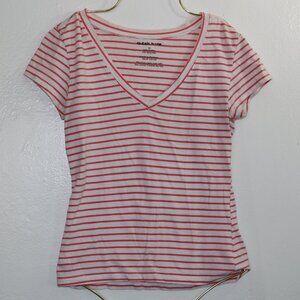 Clear Rock White & Pink Striped V-Neck T-Shirt – Size Medium 🌸✨